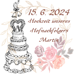 Hochzeitstorte, Hochzeitsglocken, Blumenschmuck fr Hofnachfolger Martin